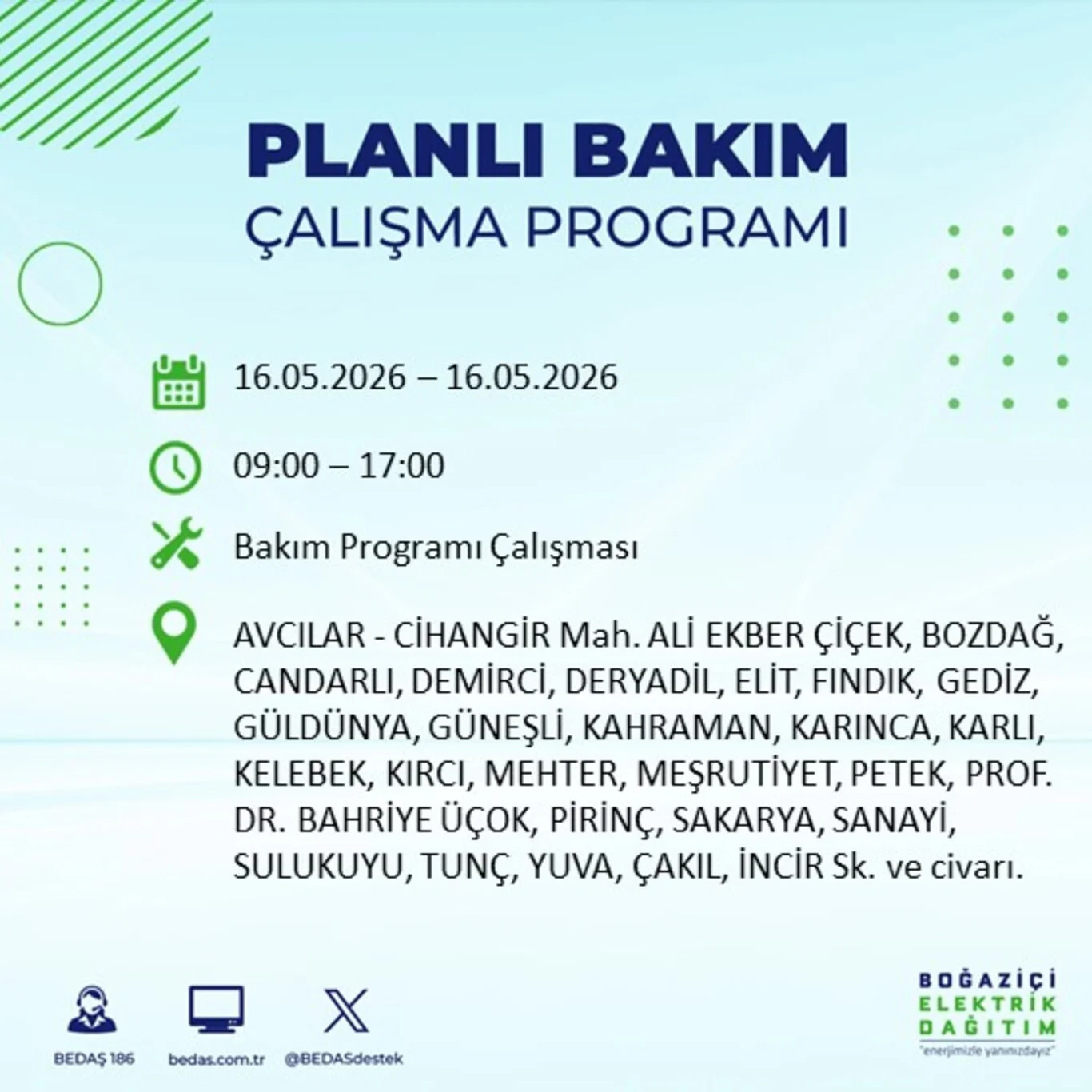 Elektrik kesintisi programı 16 Mayıs