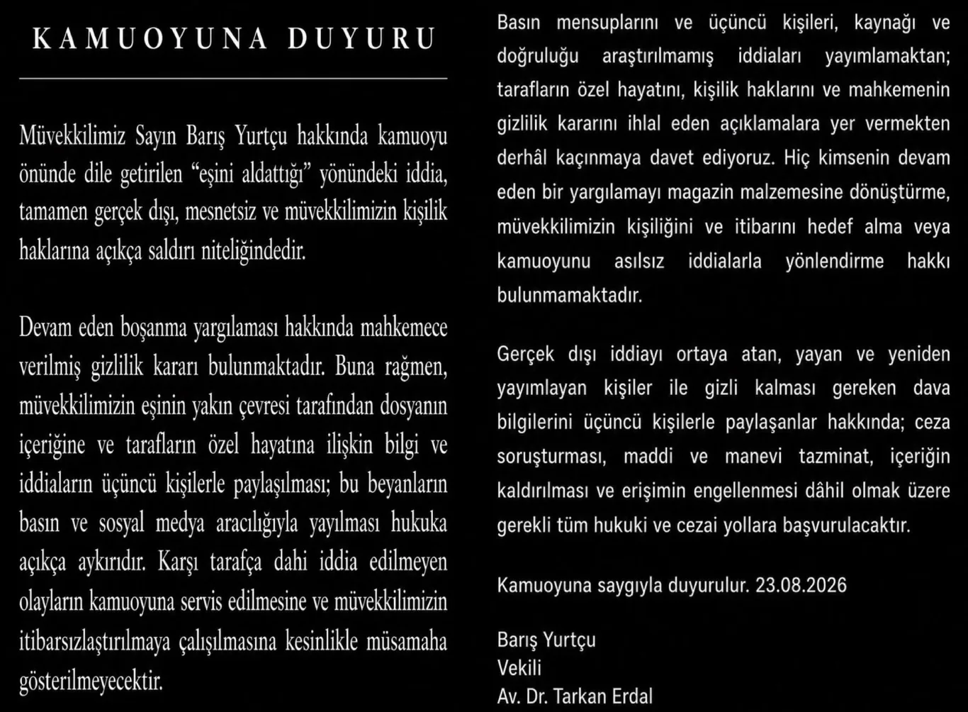 Deniz Baysal ile boşanma aşamasında olan Barış Yurtçu'dan 'ihanet' iddialarına yanıt