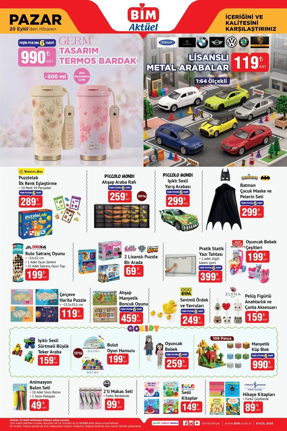 Bu hafta BİM'e hangi ürünler gelecek?Yeni haftanın BİM aktüel katalog takviminde farklı ihtiyaçlara yönelik kampanyalar peş peşe geliyor. 15 Eylül Salı günü gıda ve market ürünleri, 16 Eylül Çarşamba günü Eve Teslim kapsamında bilgisayar ve mobilyalar, 18 Eylül Cuma günü ev tekstili, mutfak ve düzenleme ürünleri, 20 Eylül Pazar günü ise elektronik, küçük ev aletleri, kişisel bakım ve oyuncaklar öne çıkacak.