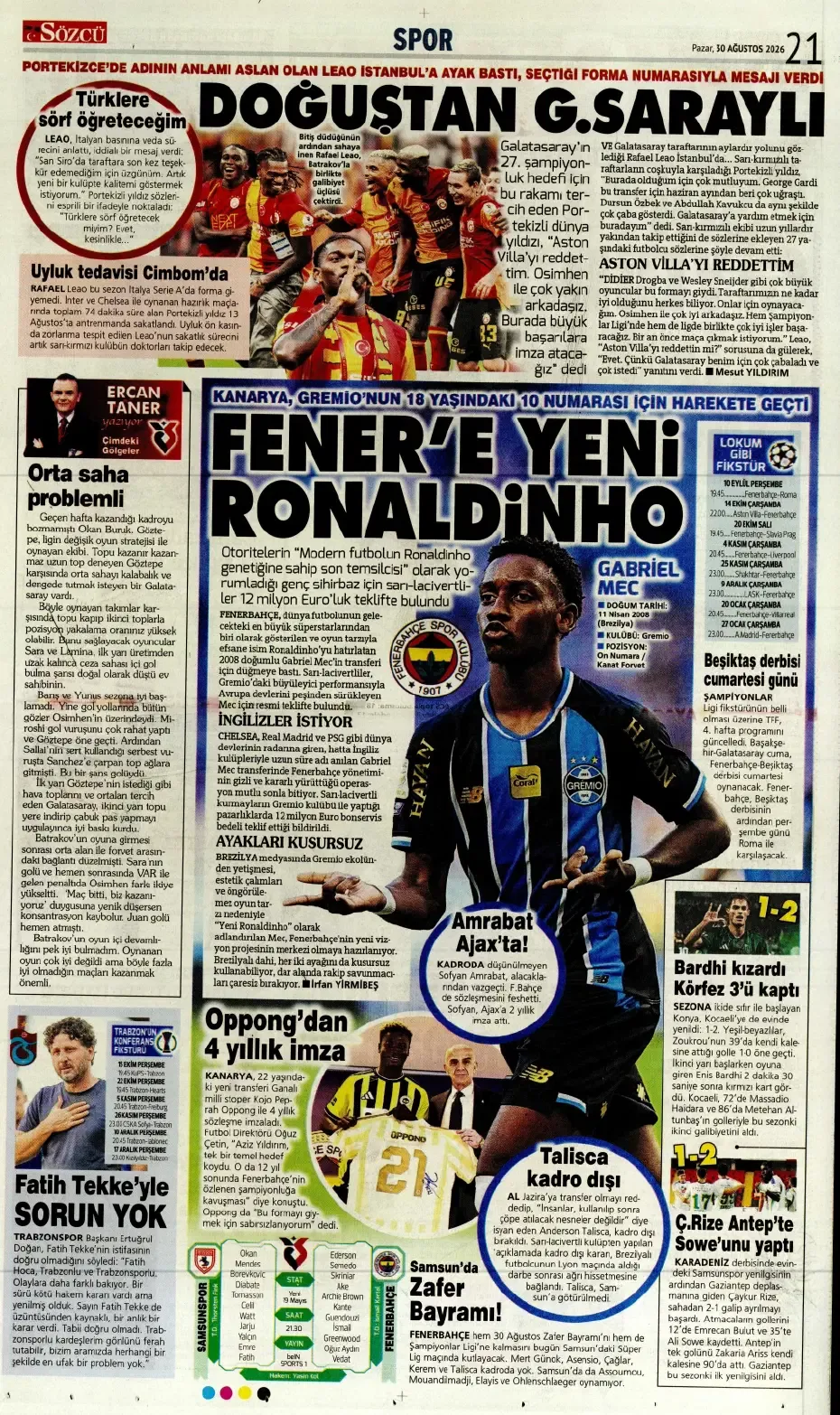 Günün spor manşetleri: ‘Fenerbahçe’ye yeni Ronaldinho’