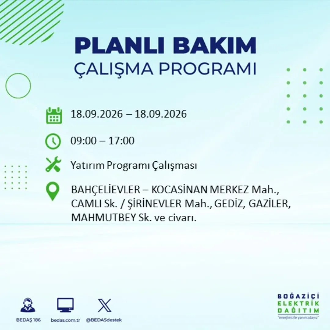 İstanbul'da elektrikler ne zaman gelecek?İstanbul’da planlı elektrik kesintilerinin ne zaman sona ereceği, BEDAŞ tarafından ilçe ve mahalle bazında açıklanan çalışma saatlerine göre değişiyor.