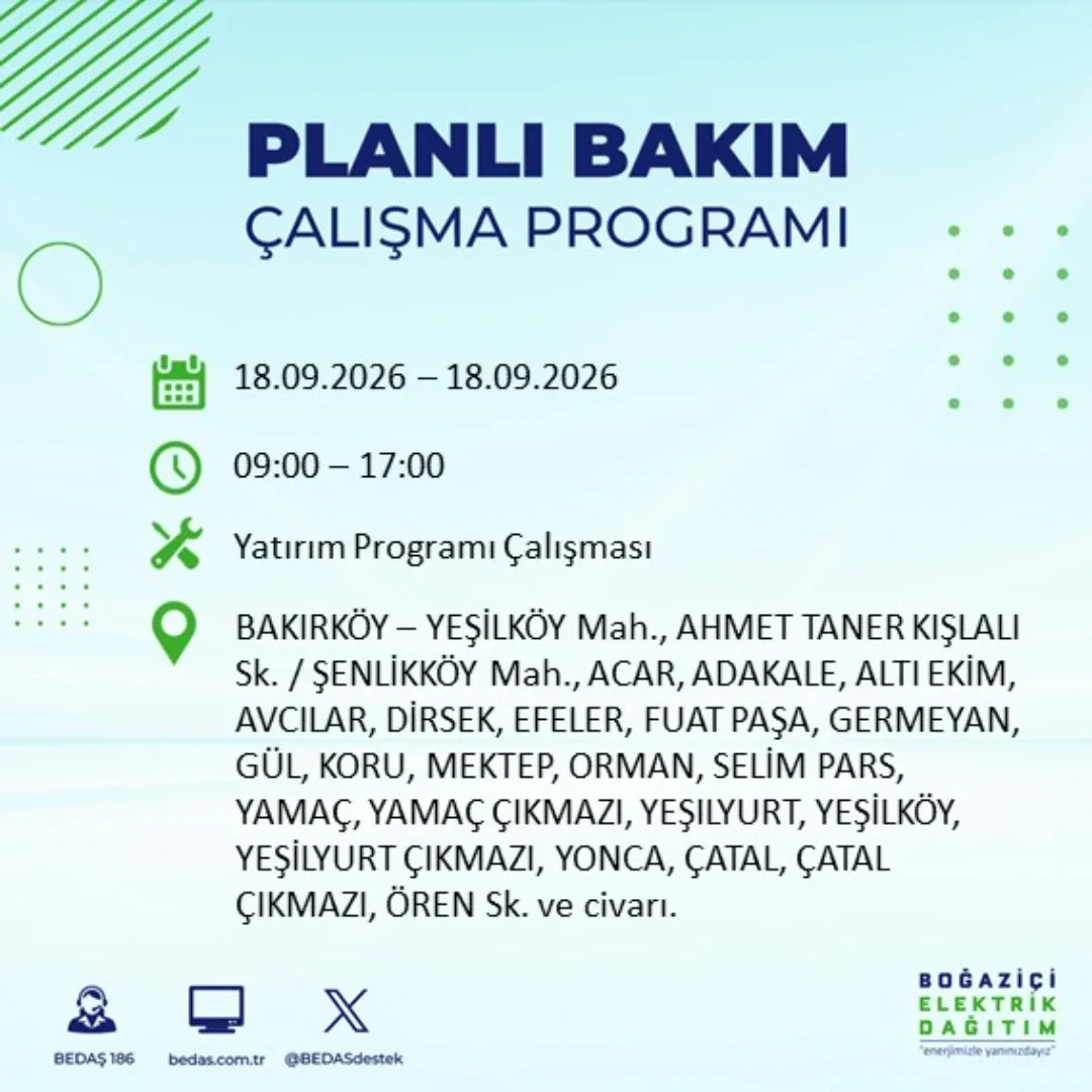 Bakırköy’de 18 Eylül Cuma günü belirli adreslerde planlı elektrik kesintisi gerçekleştirilecek.