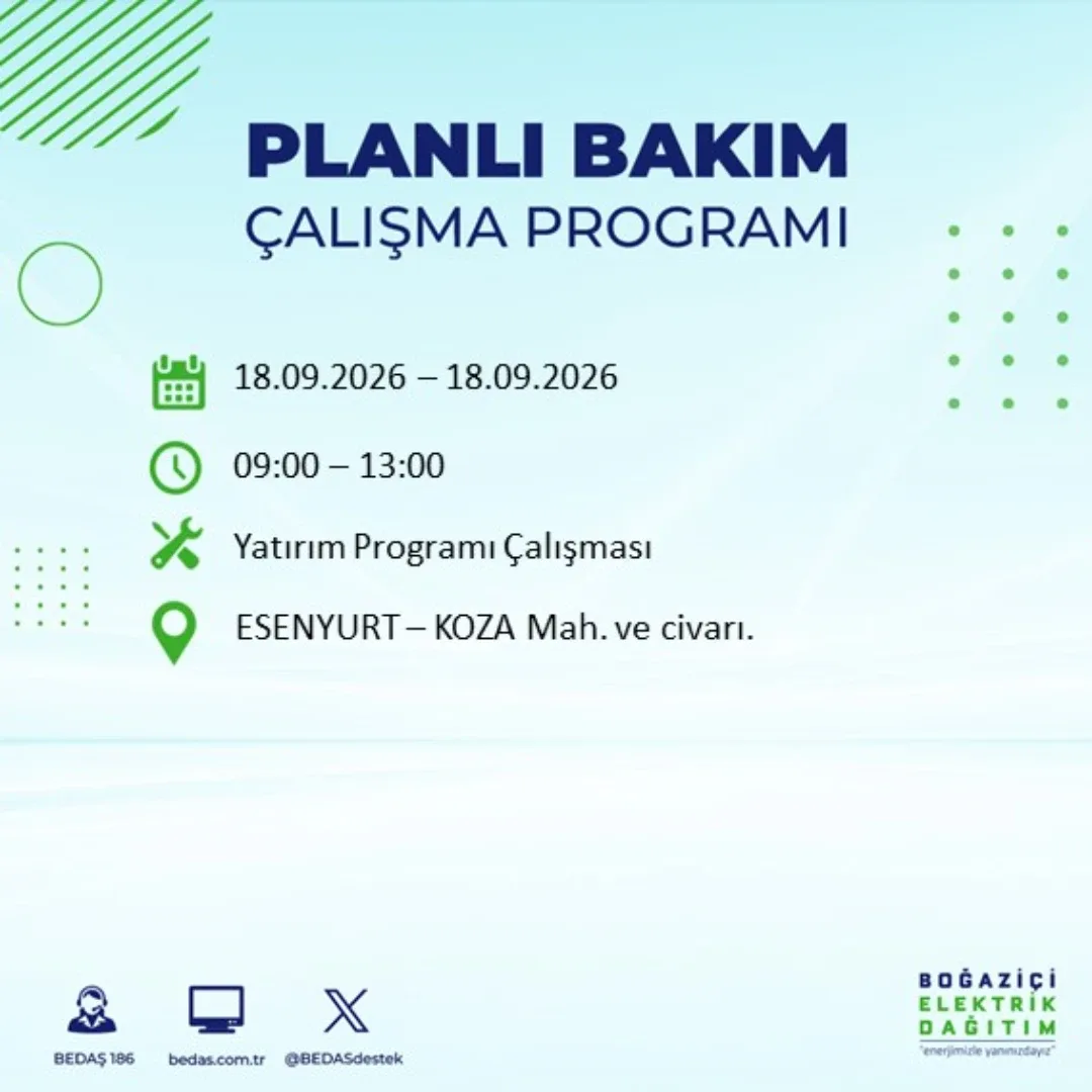 Esenyurt’ta 18 Eylül Cuma günü bazı mahalle ve sokaklarda elektrik kesintisi uygulanacak.