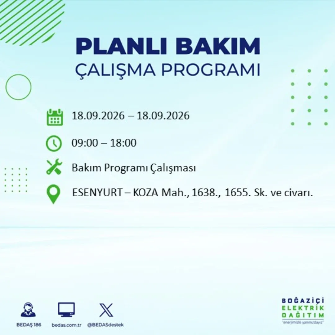 18 Eylül 2026 Esenyurt elektrik kesintisi: Koza mahallesi