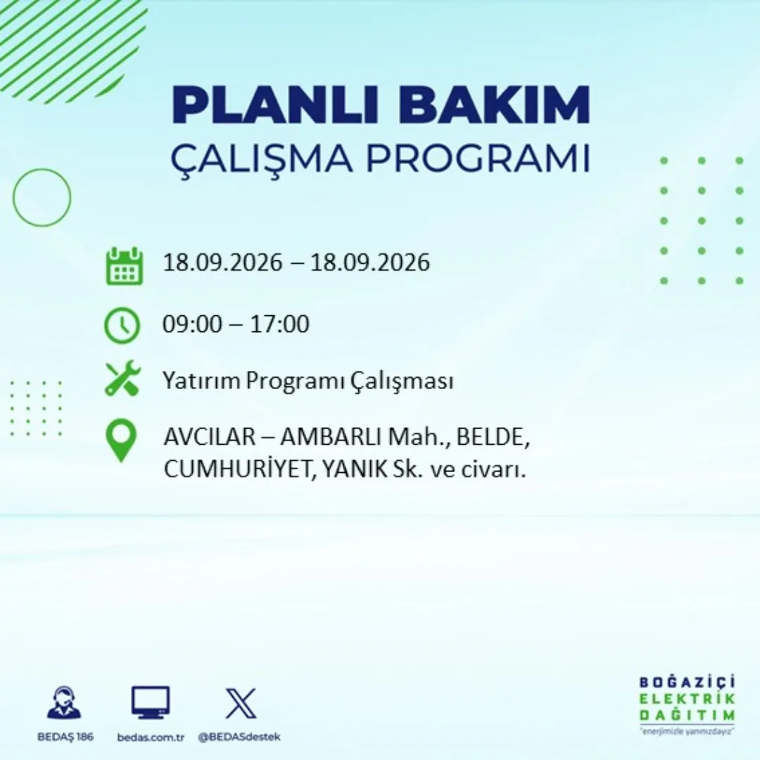 İstanbul elektrik kesinti süresi bölgedeki bakım, onarım ve yatırım çalışmalarına bağlı olarak farklılık gösterecek.