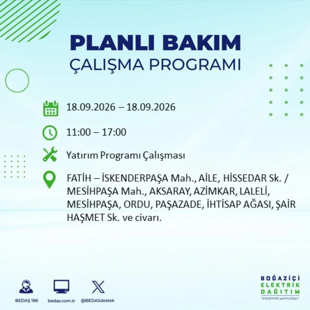 Fatih’te 18 Eylül tarihinde BEDAŞ tarafından planlanan çalışmalar kapsamında elektrik kesintisi uygulanacak.