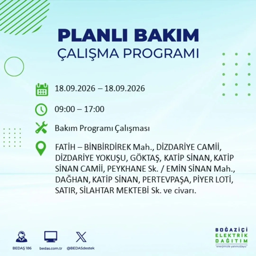 18 Eylül Fatih elektrik kesintisi: Binbirdirek mahallesi