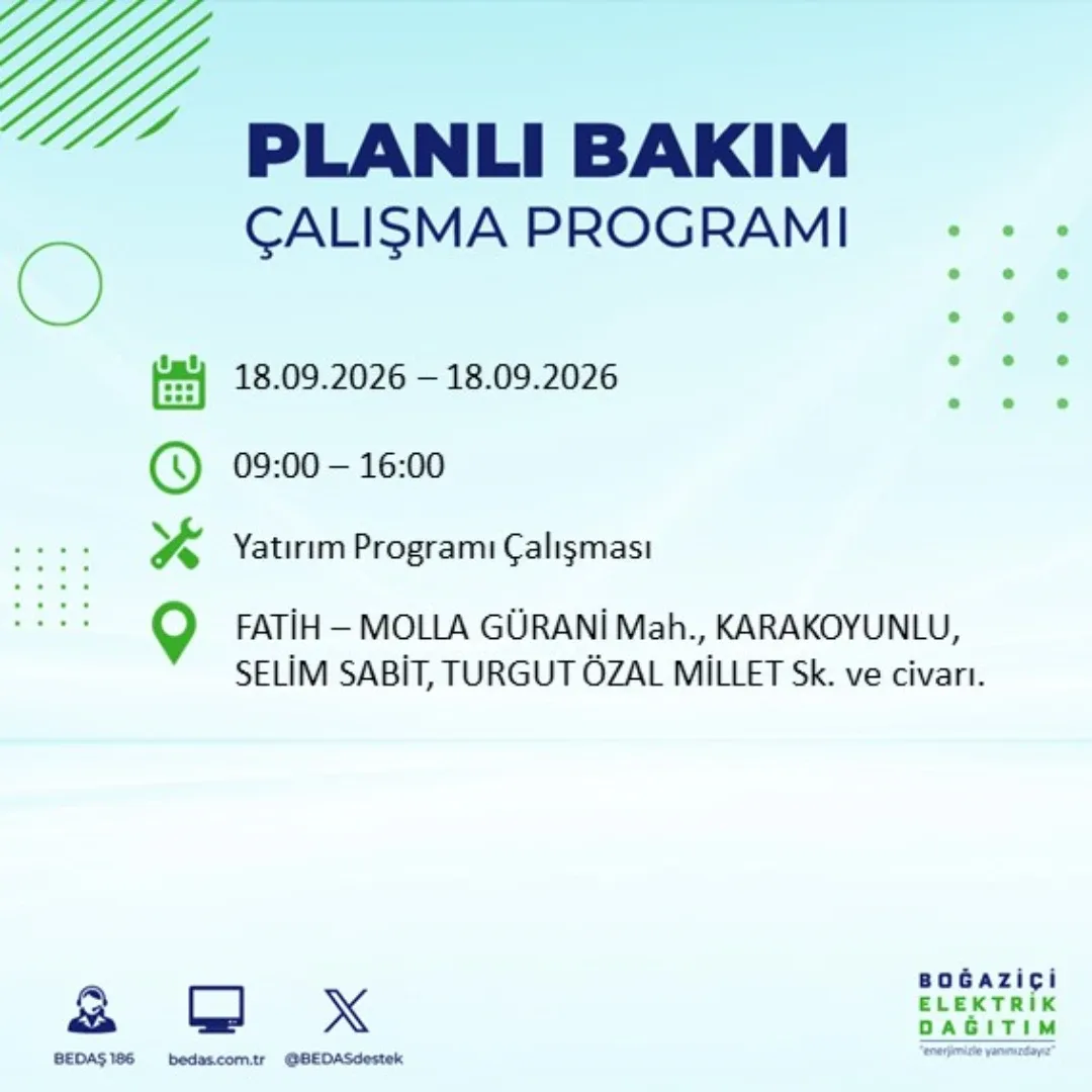 18 Eylül Fatih elektrik kesintisi: Molla Gürani mahallesi
