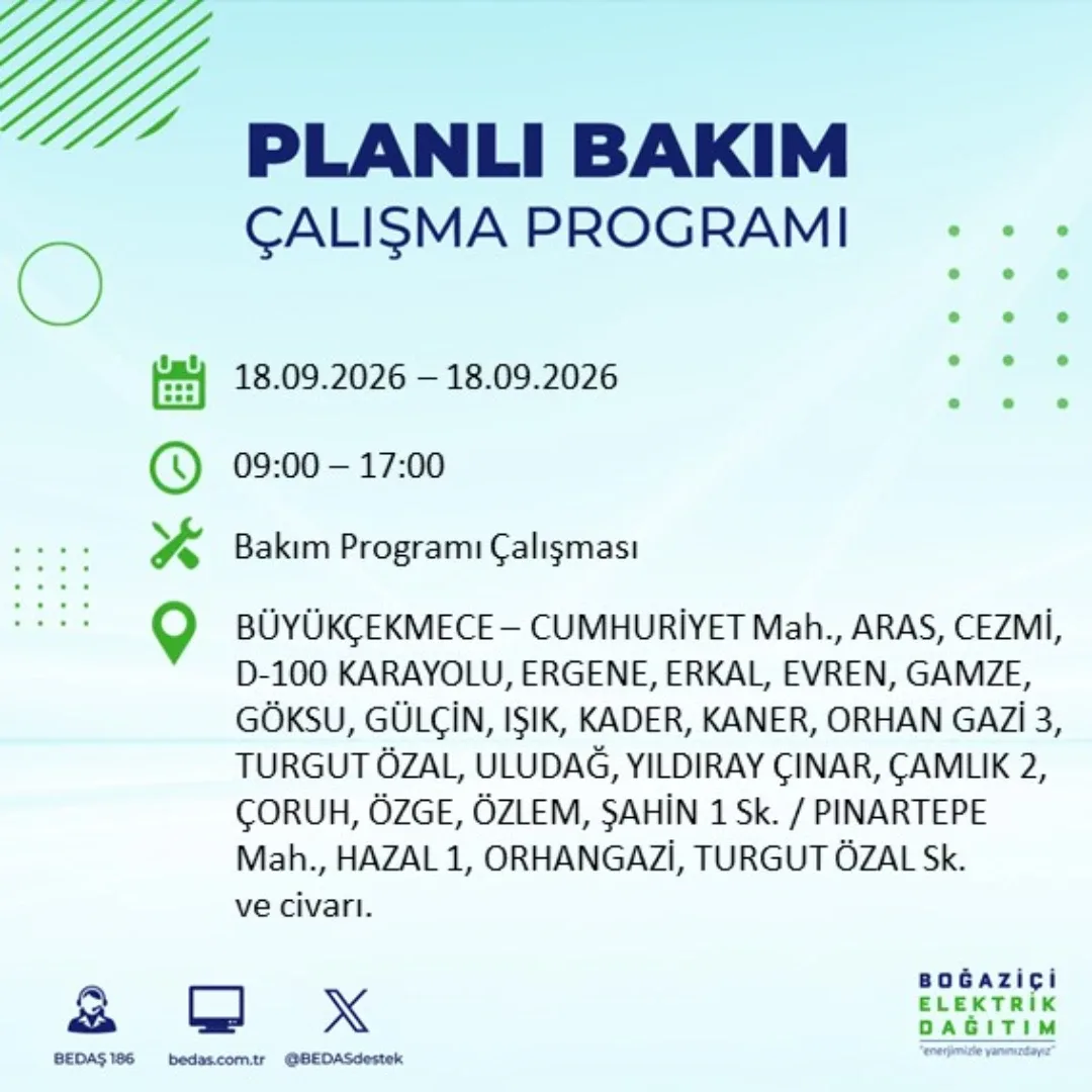 Büyükçekmece’de bazı adreslerde elektrik kesintisi uygulanacak.