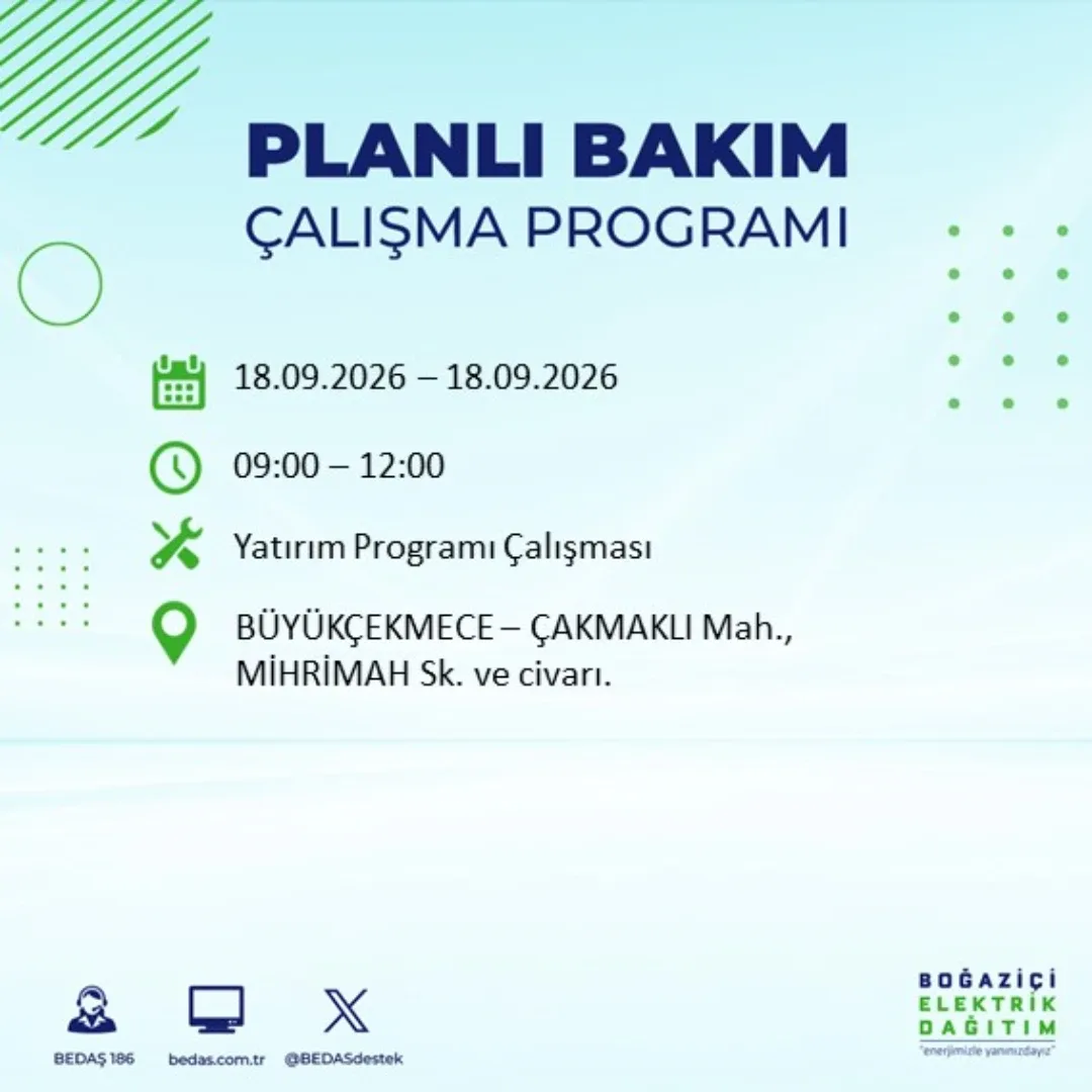 Büyükçekmece elektrik kesintisinin, planlı çalışmaların tamamlanmasının ardından yeniden verilmesi bekleniyor.