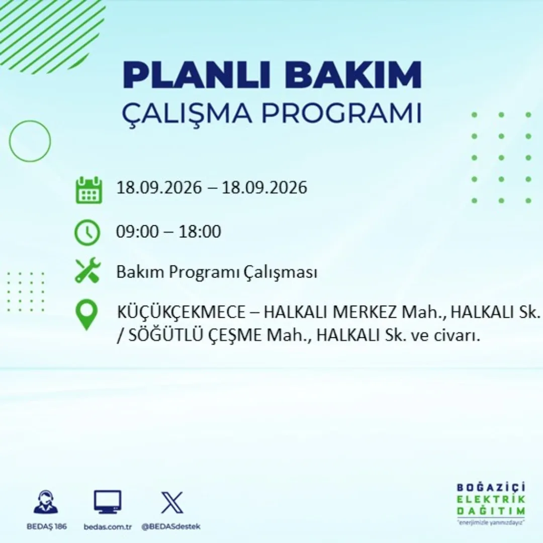 Küçükçekmece’de 18 Eylül Cuma günü bazı adreslerde elektrik kesintisi gerçekleştirilecek.