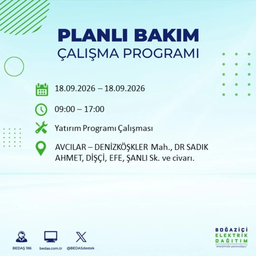 Avcılar elektrik kesintisiAvcılar’da BEDAŞ’ın planlı bakım ve onarım çalışmaları kapsamında bazı bölgelerde elektrik kesintisi uygulanacak. İlçede elektriklerin hangi saatte yeniden geleceği, ilgili adres için açıklanan kesinti programına göre belli oldu.