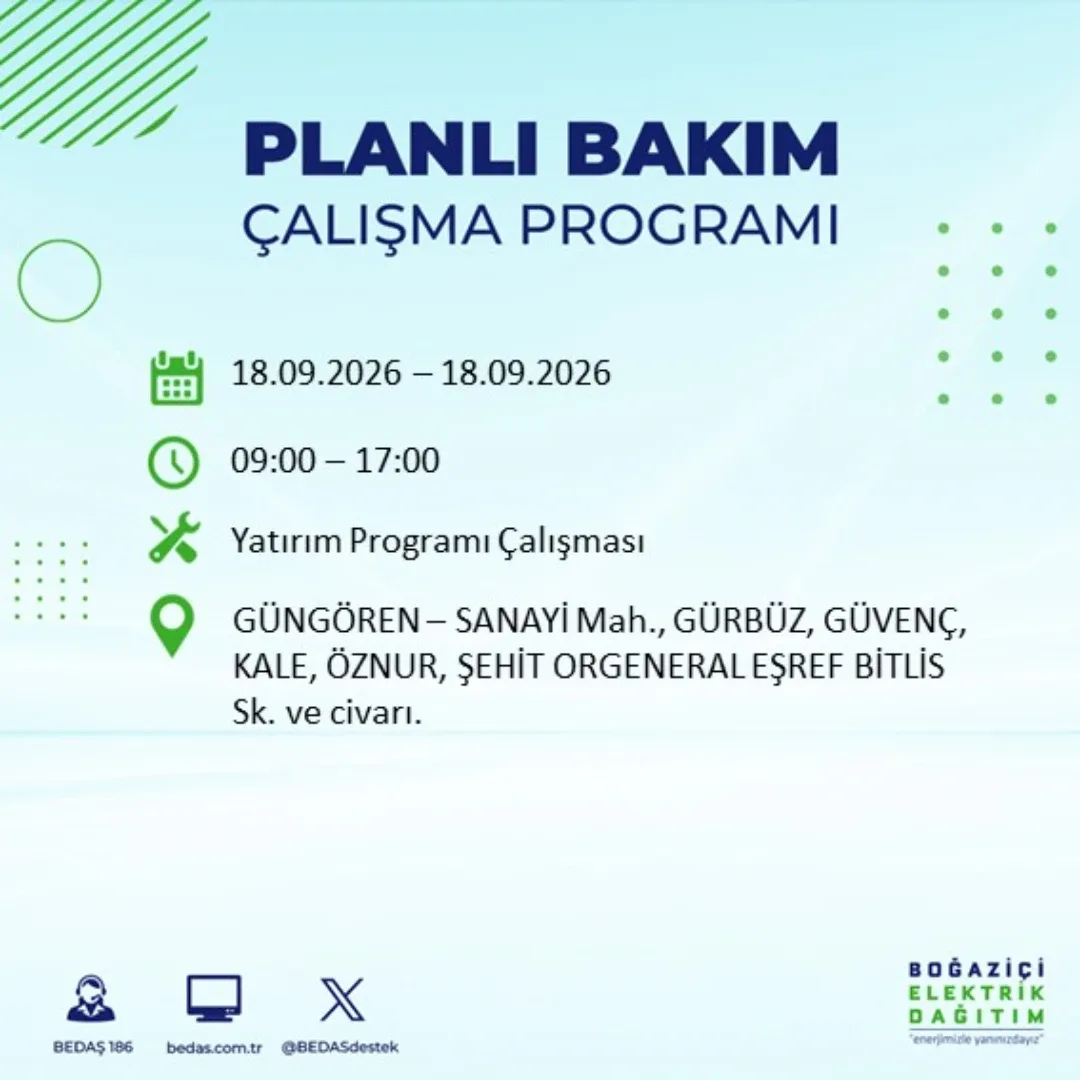 Güngören’de bazı bölgelerde planlı elektrik kesintisi yapılması bekleniyor. Çalışma süresince elektrik kullanılamayacak bölgelerde enerjinin belirtilen saatte yeniden verilmesi planlanıyor.