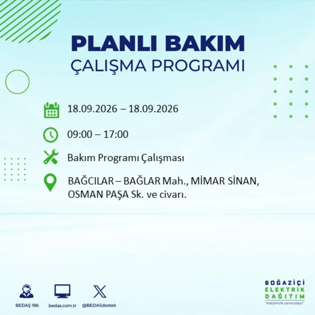 Bağcılar’da 18 Eylül tarihinde bazı bölgelerde elektrik kesintisi yaşanacak.