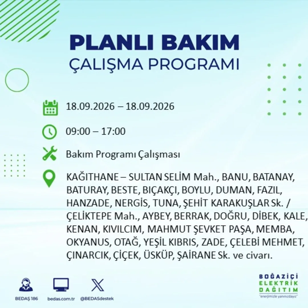 Kağıthane elektrik kesintisi: Sultan Selim Mahallesi'nde kesintinin hangi saatler arasında uygulanacağı, BEDAŞ’ın ilçe bazındaki duyurusunda yer alıyor.