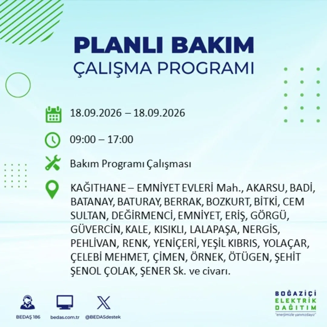 Kağıthane’de bakım ve onarım çalışmaları nedeniyle belirli noktalarda elektrik hizmetine geçici olarak ara verilecek.&nbsp;